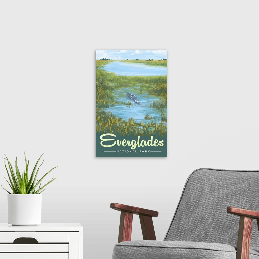 A modern room featuring Everglades National Park, Crocodile Lying In Wait: Retro Travel Poster