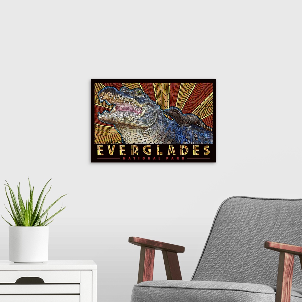 A modern room featuring Everglades National Park, Crocodile Mosaic: Graphic Travel Poster