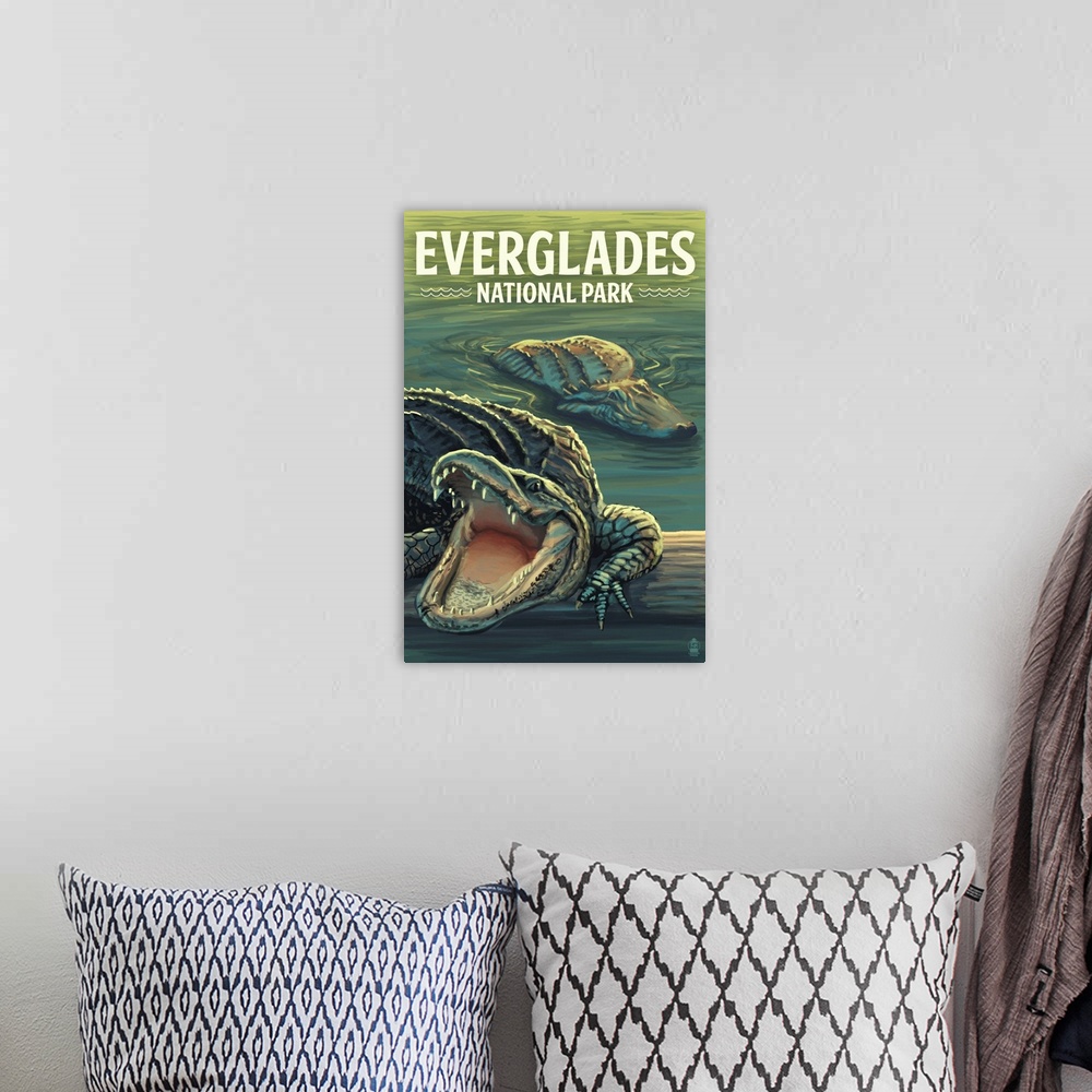 A bohemian room featuring Everglades National Park, Crocodile Roaring: Retro Travel Poster