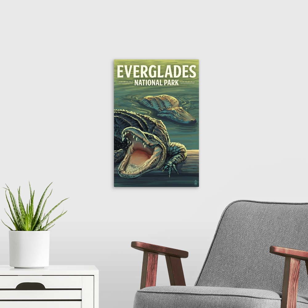 A modern room featuring Everglades National Park, Crocodile Roaring: Retro Travel Poster