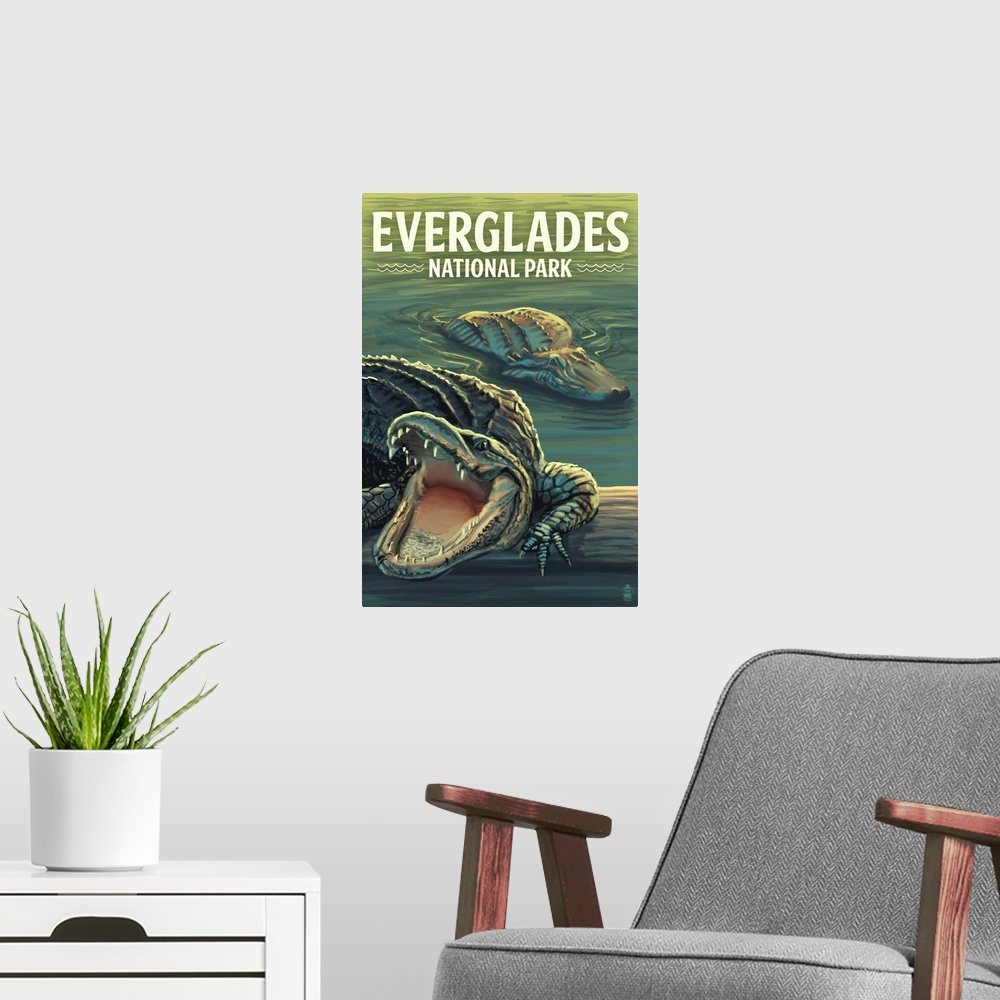 A modern room featuring Everglades National Park, Crocodile Roaring: Retro Travel Poster