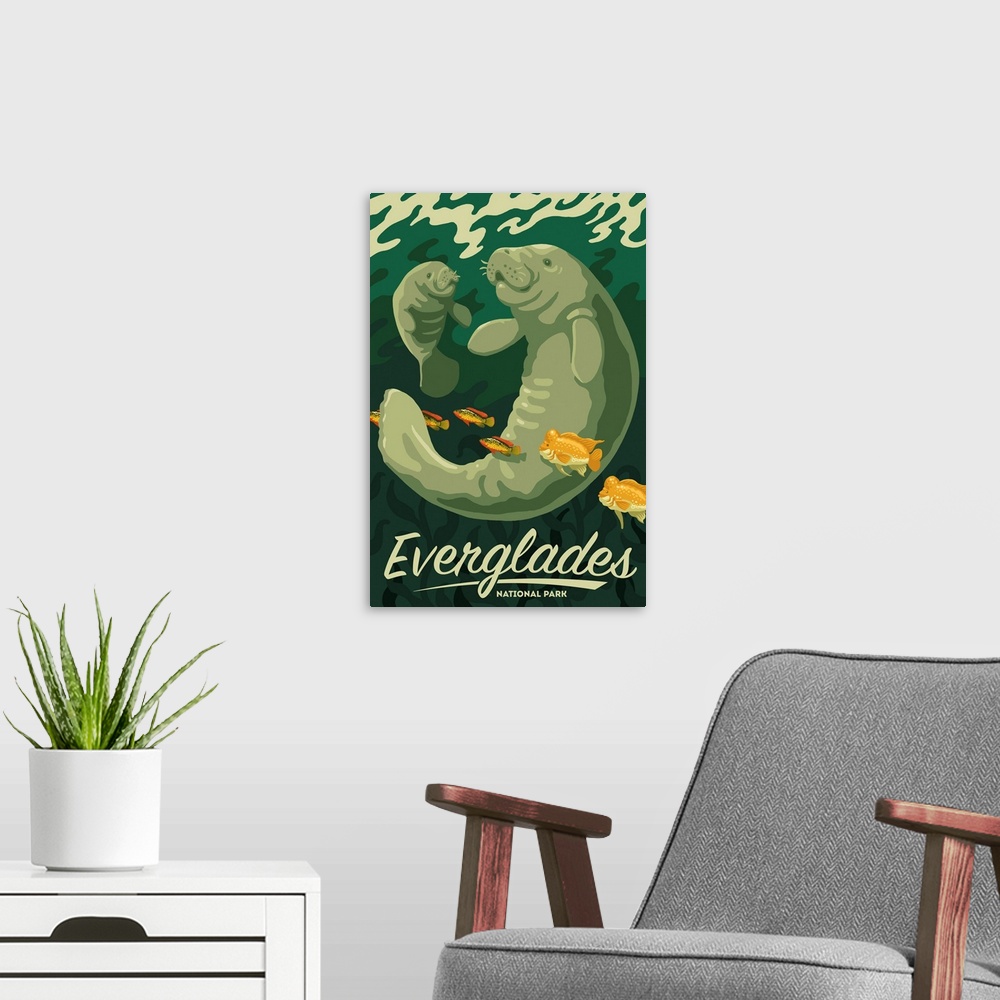 A modern room featuring Everglades National Park, Manatee And Calf: Graphic Travel Poster