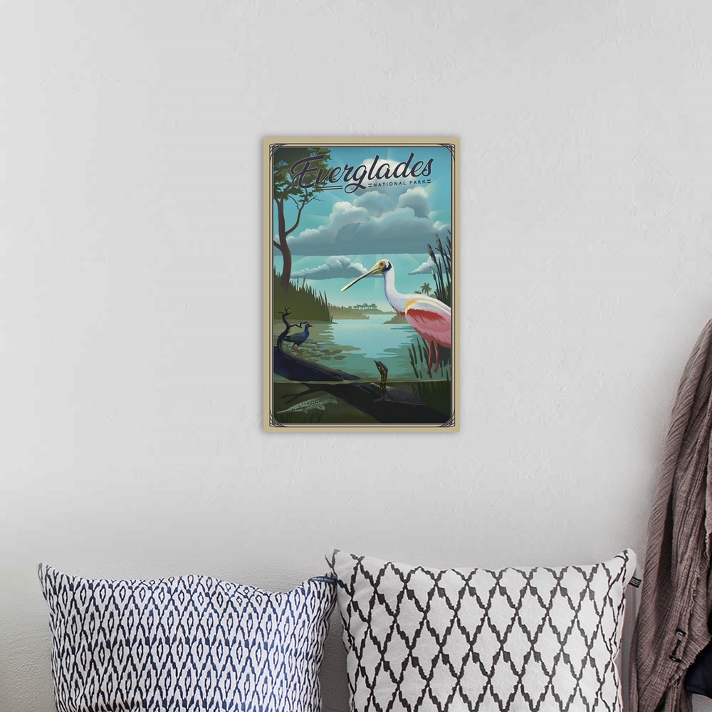 A bohemian room featuring Everglades National Park, Roseate Spoonbill: Retro Travel Poster