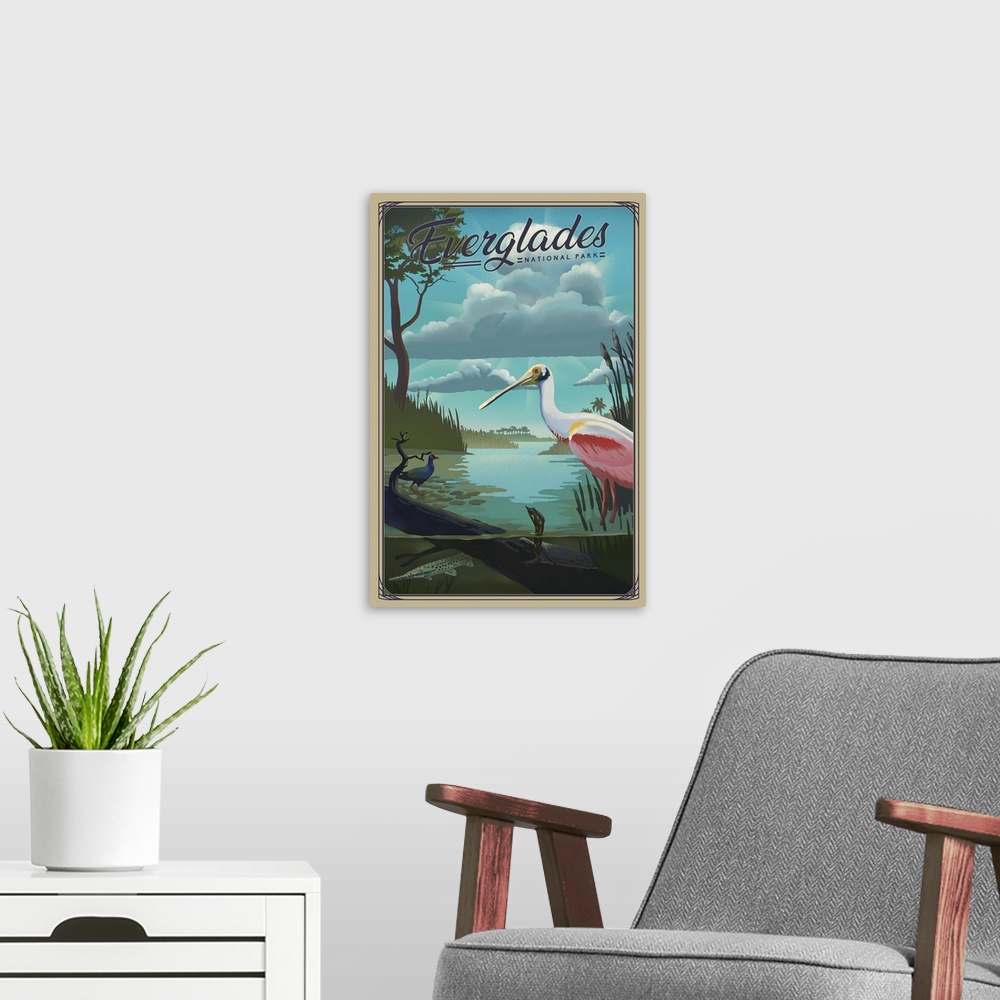 A modern room featuring Everglades National Park, Roseate Spoonbill: Retro Travel Poster