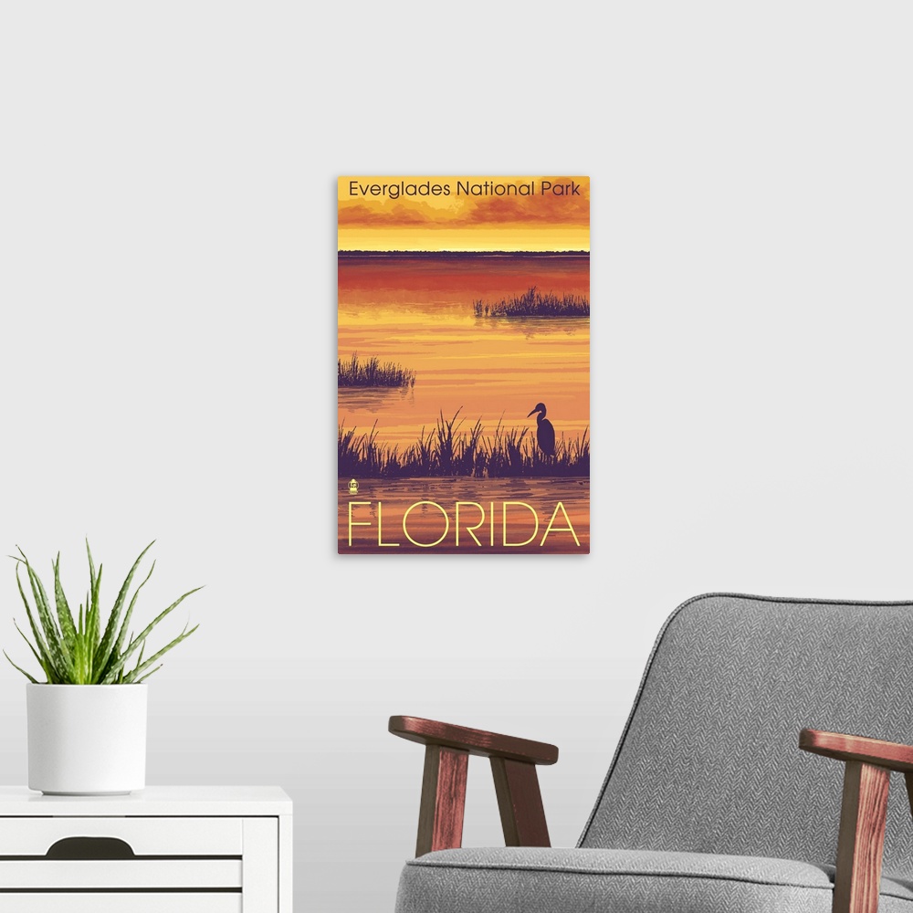 A modern room featuring Everglades National Park - Sunset: Retro Travel Poster