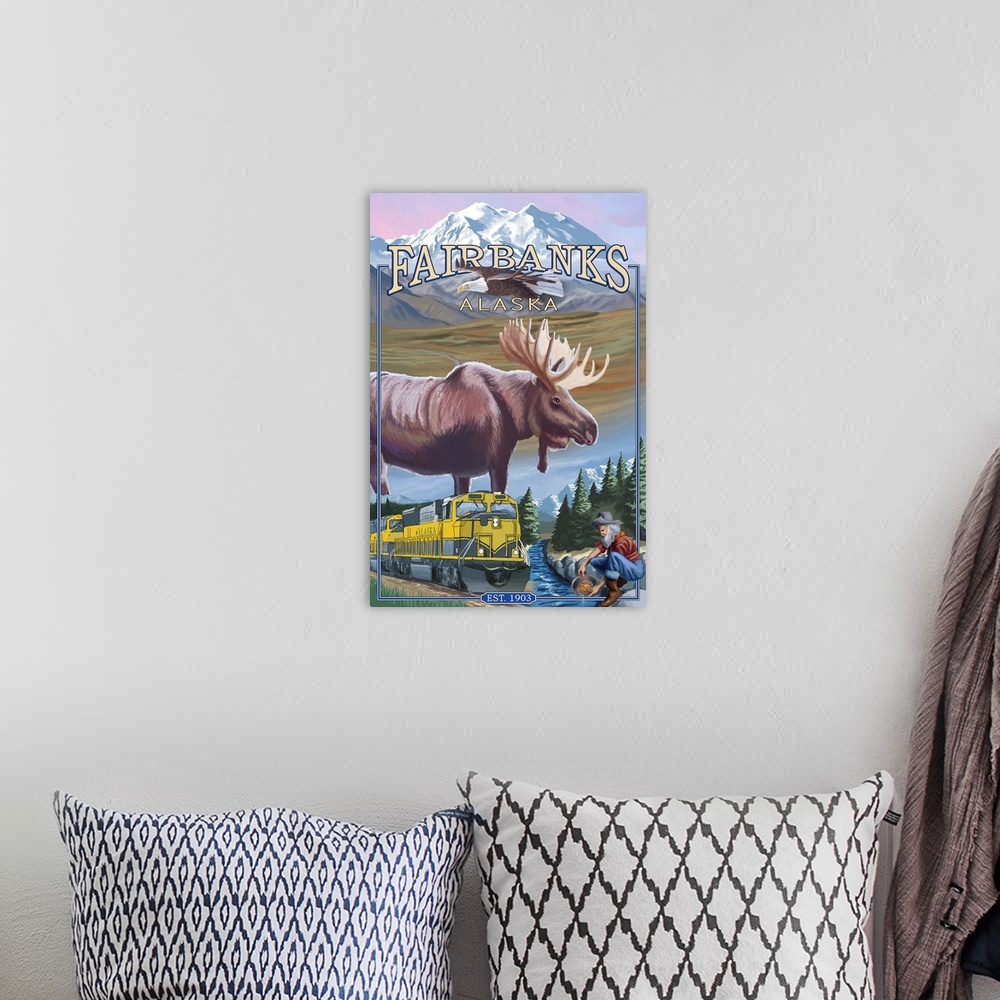 A bohemian room featuring Retro stylized art poster of a moose in a wilderness landscape with an eagle in the sky. With a r...