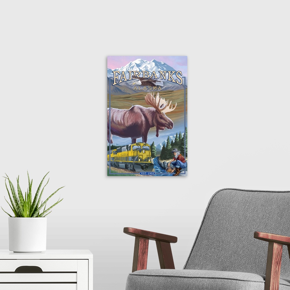 A modern room featuring Retro stylized art poster of a moose in a wilderness landscape with an eagle in the sky. With a r...
