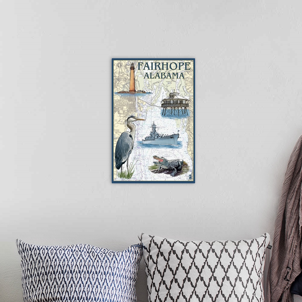 A bohemian room featuring Stylized art poster showing scenes from the local area overlaid on a map of the area.