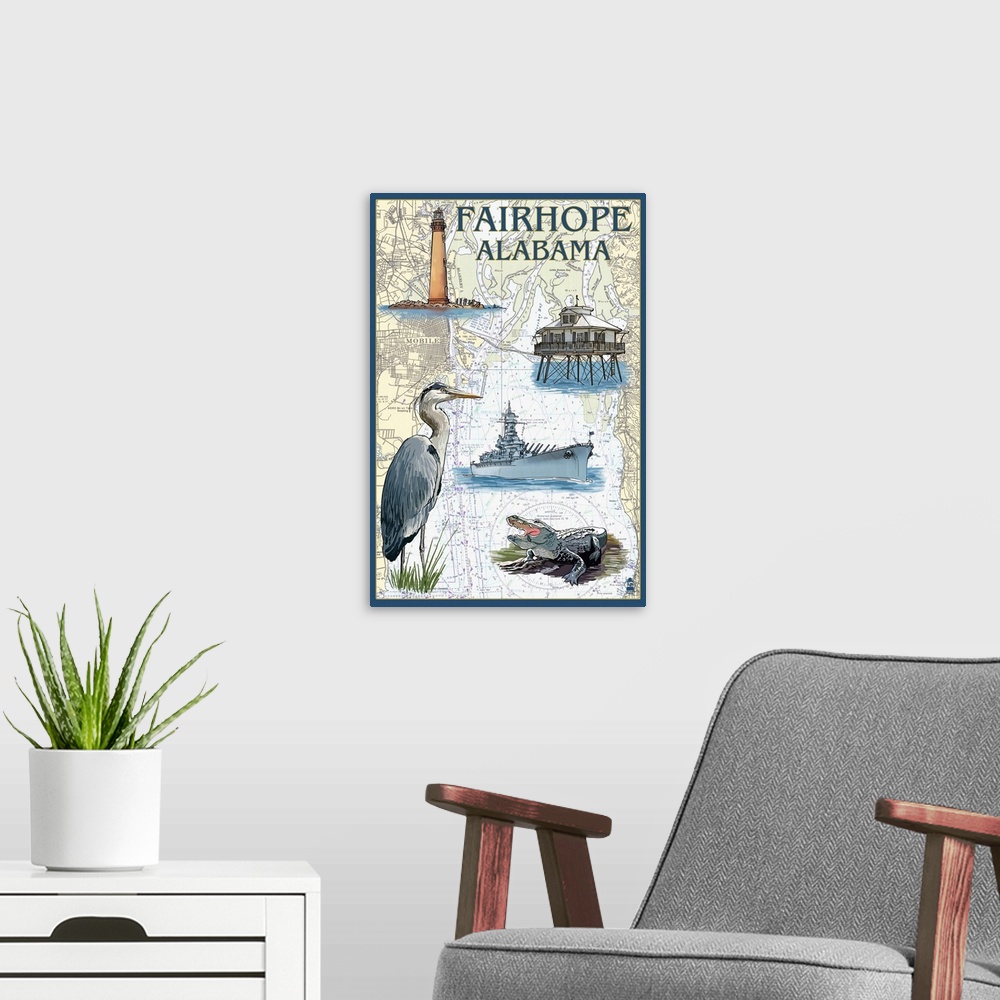 A modern room featuring Stylized art poster showing scenes from the local area overlaid on a map of the area.
