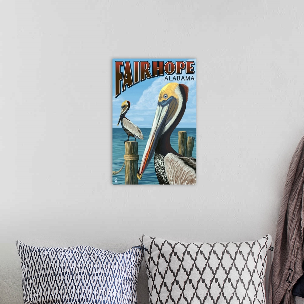 A bohemian room featuring A retro stylized art poster of sea birds perched on pier posts sticking up out of the water.
