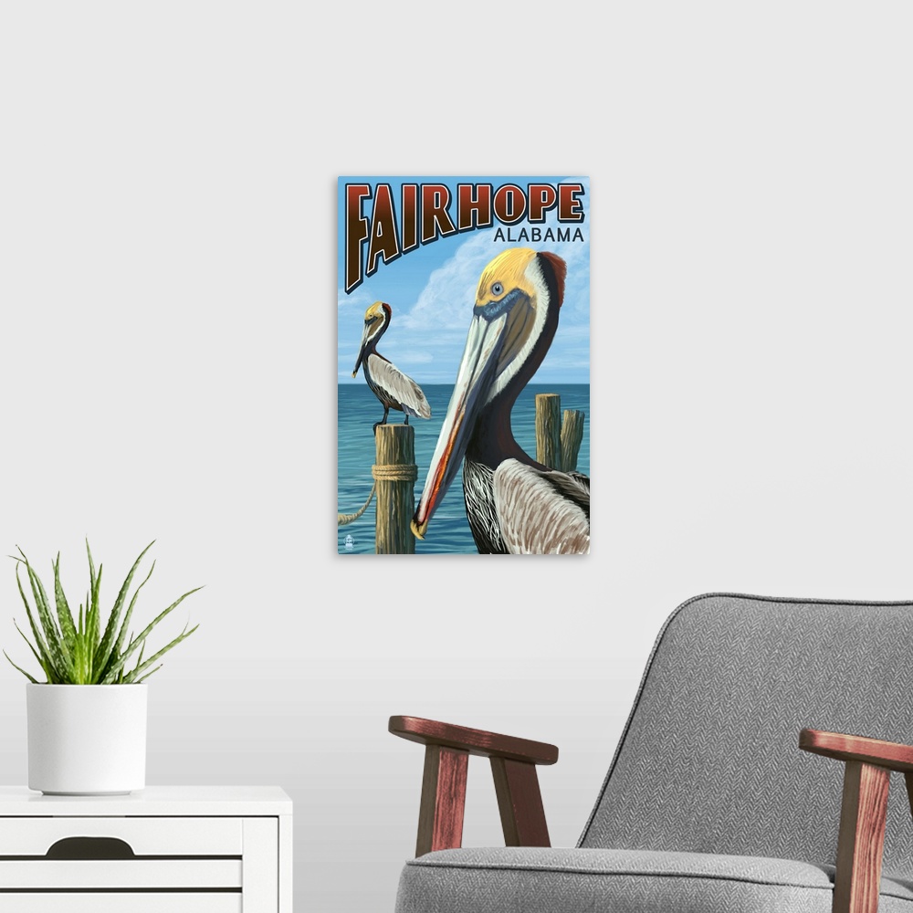 A modern room featuring A retro stylized art poster of sea birds perched on pier posts sticking up out of the water.