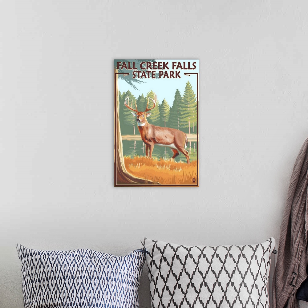 A bohemian room featuring Fall Creek Falls State Park, Tennessee - Deer Scene: Retro Travel Poster