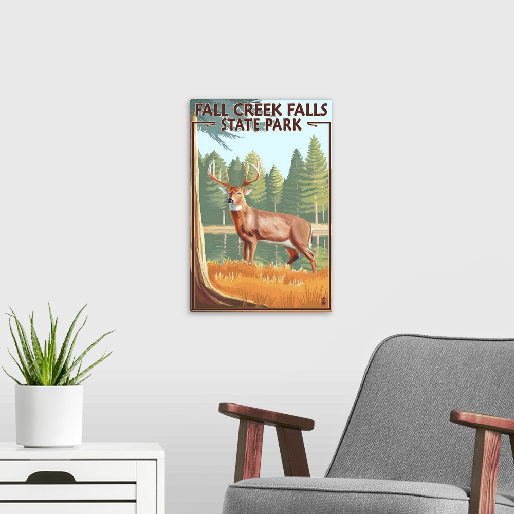 A modern room featuring Fall Creek Falls State Park, Tennessee - Deer Scene: Retro Travel Poster