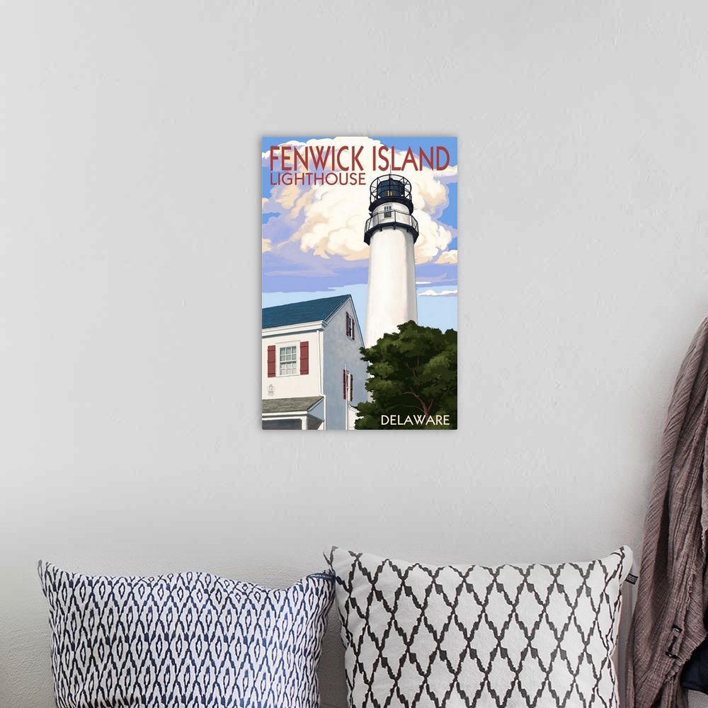 A bohemian room featuring Fenwick Island, Delaware - Lighthouse: Retro Travel Poster