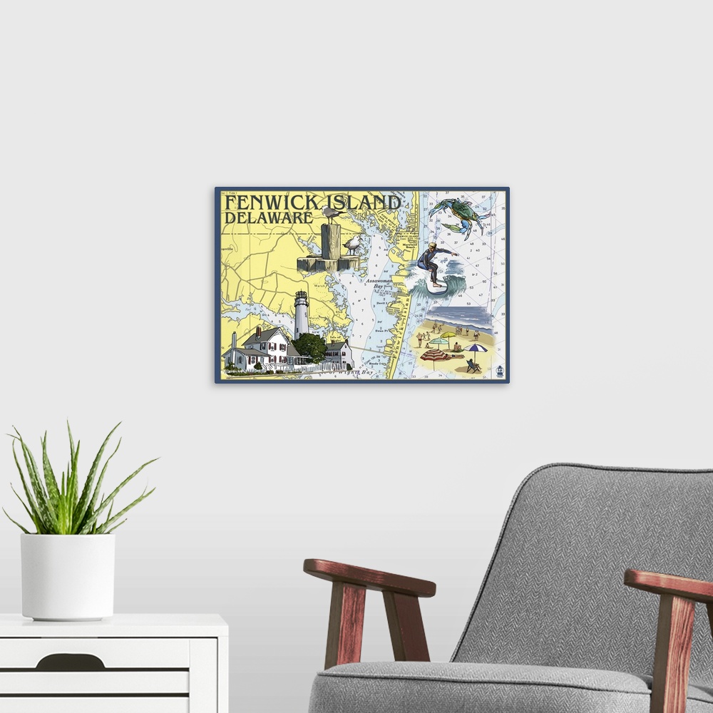 A modern room featuring Fenwick Island, Delaware - Nautical Chart: Retro Travel Poster