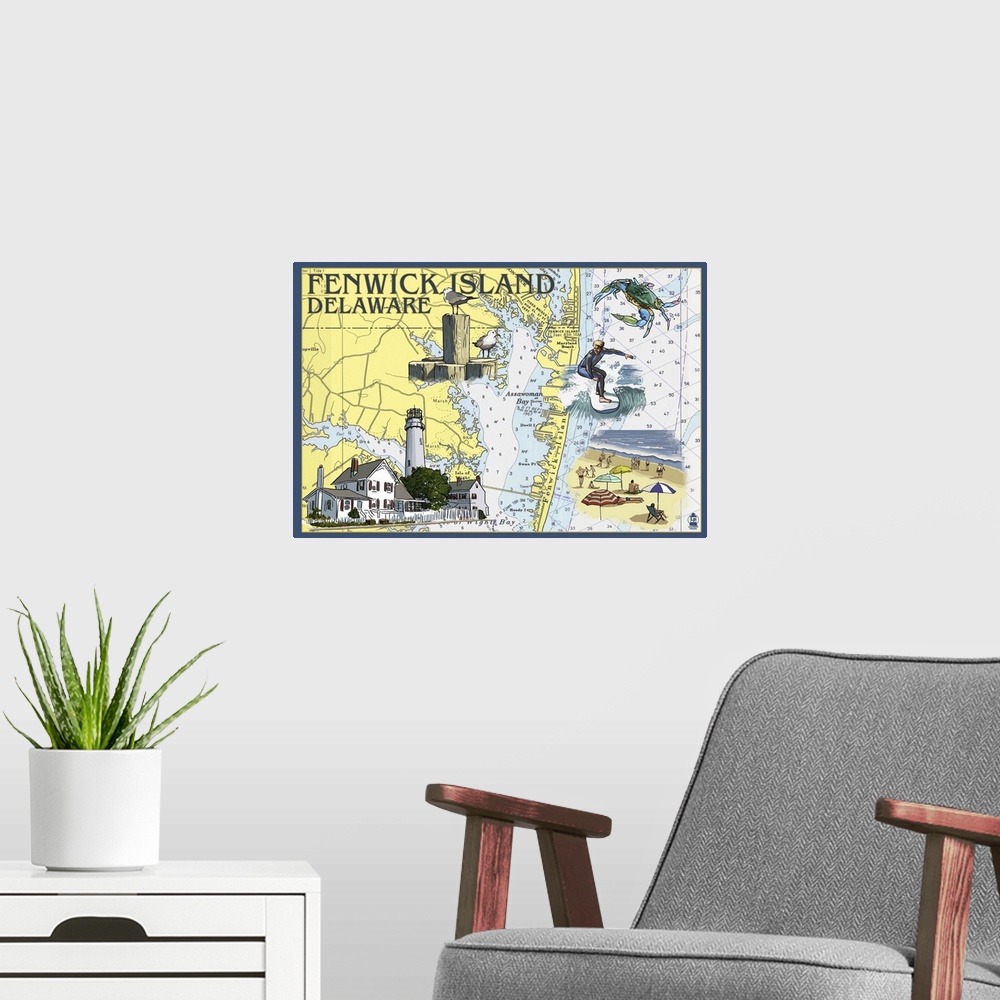A modern room featuring Fenwick Island, Delaware - Nautical Chart: Retro Travel Poster