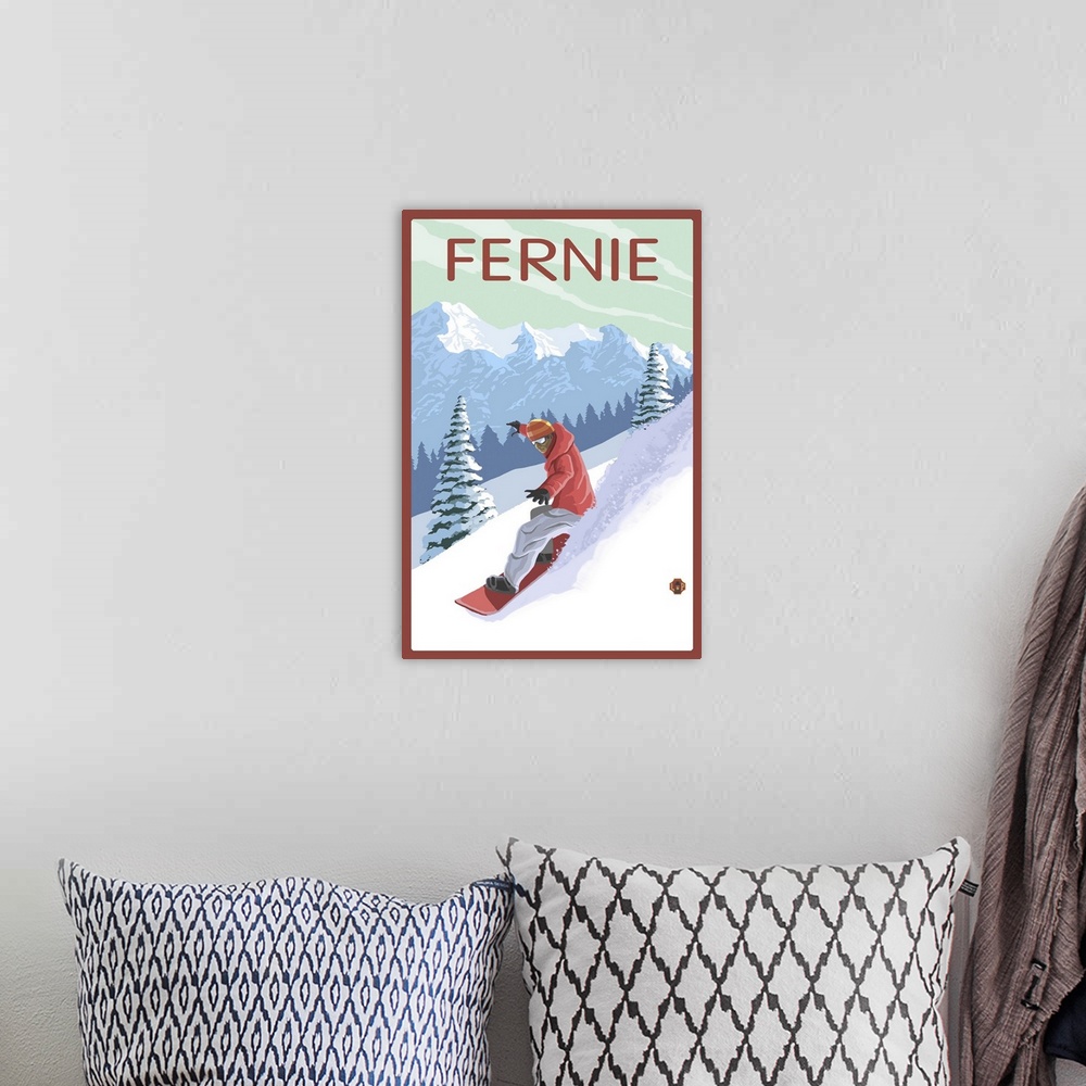 A bohemian room featuring Fernie, Canada - Snowboarder: Retro Travel Poster