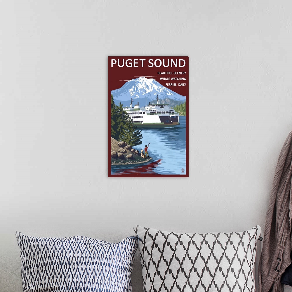 A bohemian room featuring Ferry and Mount Rainier Scene - Puget Sound, Washington: Retro Travel Poster