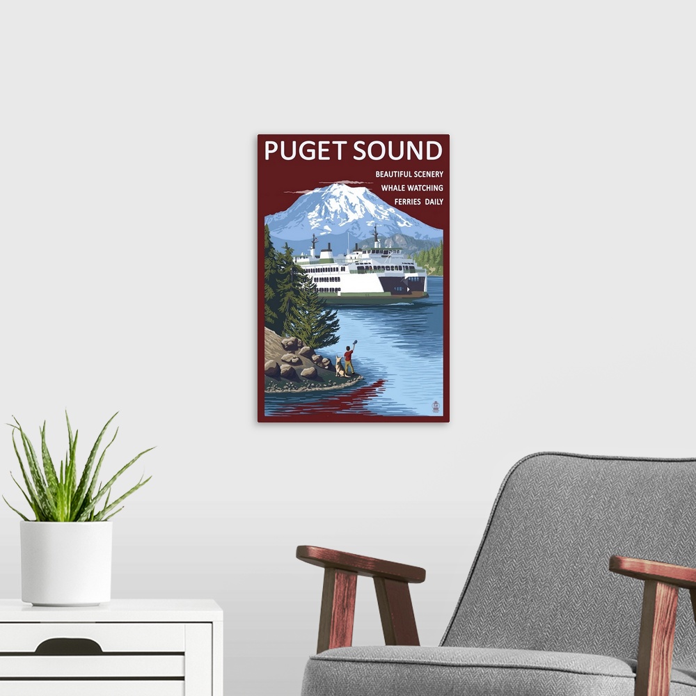 A modern room featuring Ferry and Mount Rainier Scene - Puget Sound, Washington: Retro Travel Poster