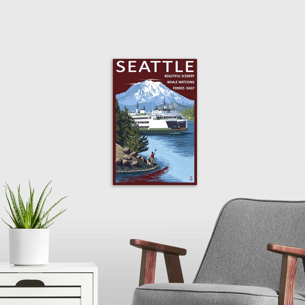 A modern room featuring Ferry and Mount Rainier Scene, Seattle, Washington