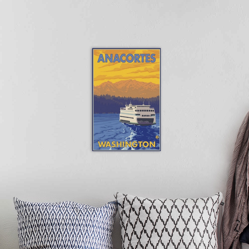 A bohemian room featuring Ferry and Mountains - Anacortes, Washington: Retro Travel Poster