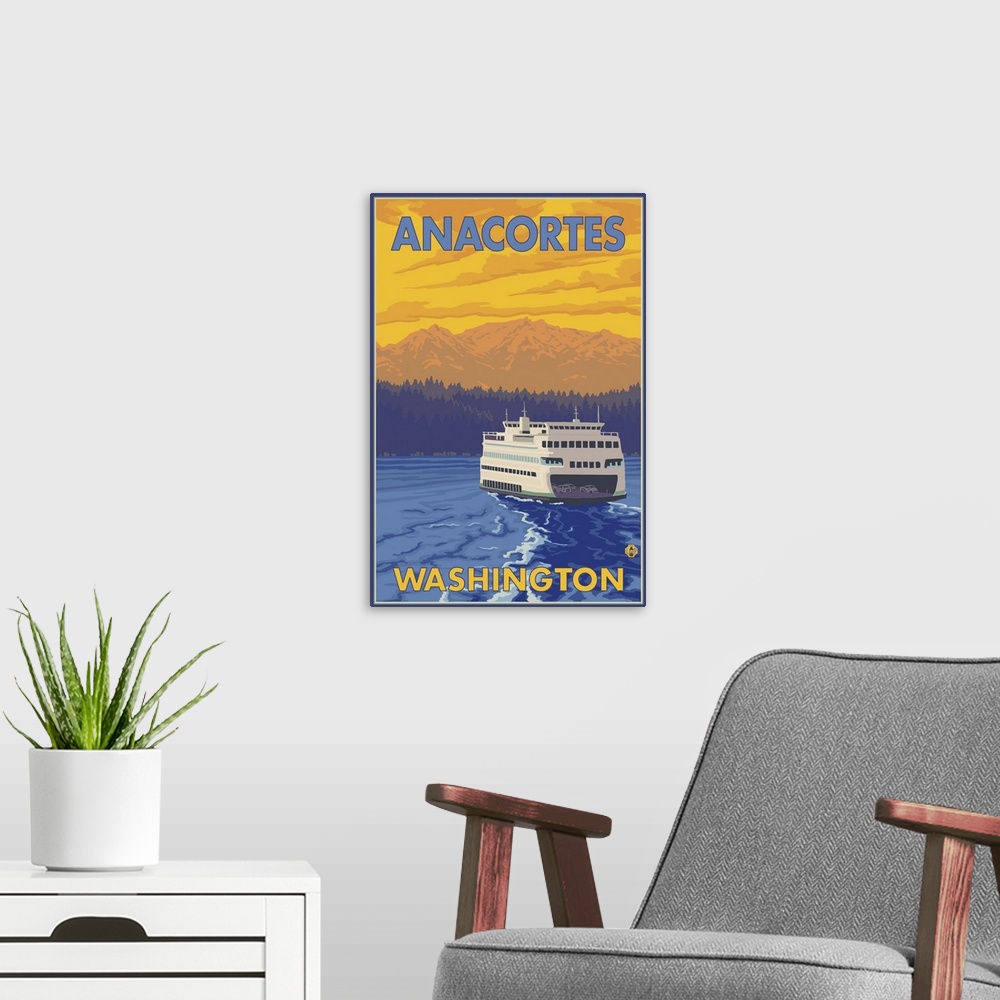 A modern room featuring Ferry and Mountains - Anacortes, Washington: Retro Travel Poster