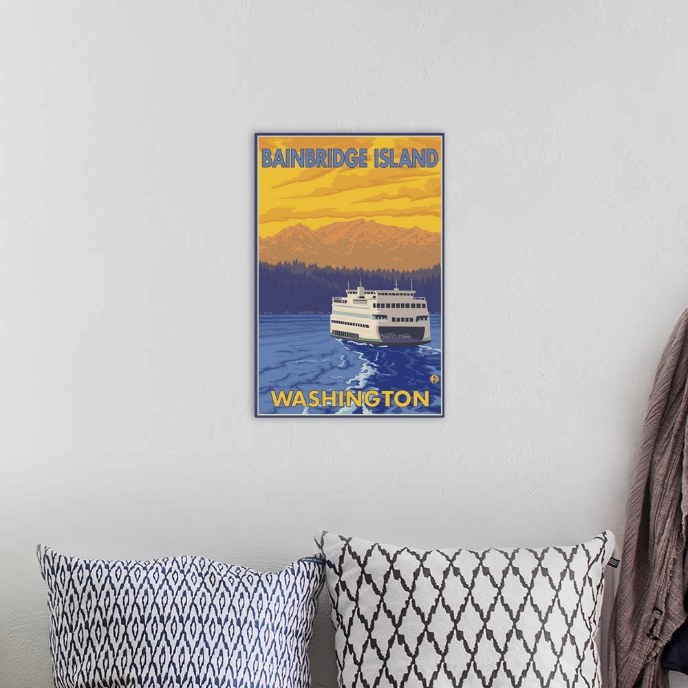 A bohemian room featuring Ferry and Mountains - Bainbridge Island, Washington: Retro Travel Poster