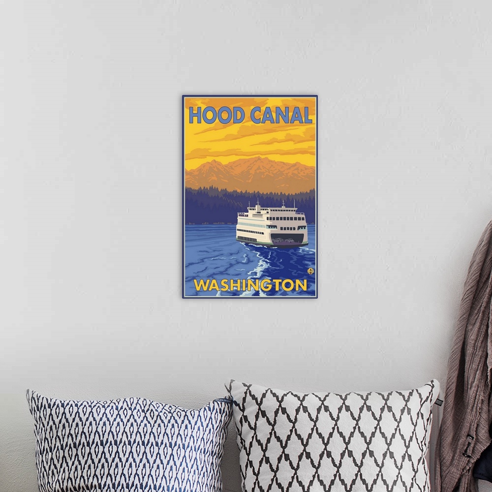 A bohemian room featuring Ferry and Mountains - Hood Canal, Washington: Retro Travel Poster