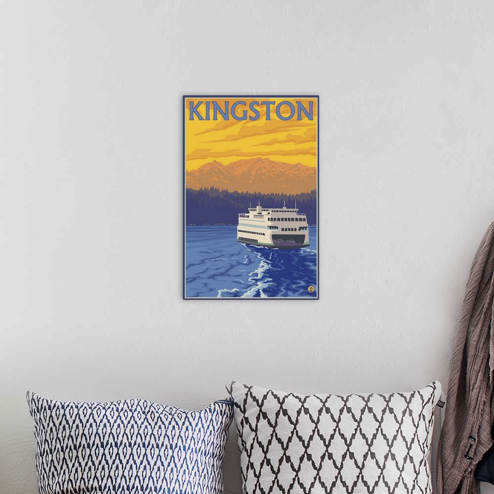 A bohemian room featuring Ferry and Mountains - Kingston, WA: Retro Travel Poster