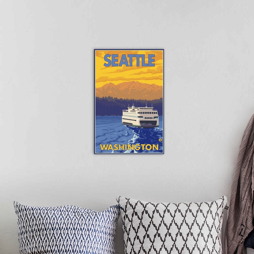 A bohemian room featuring Ferry and Mountains - Seattle, Washington: Retro Travel Poster