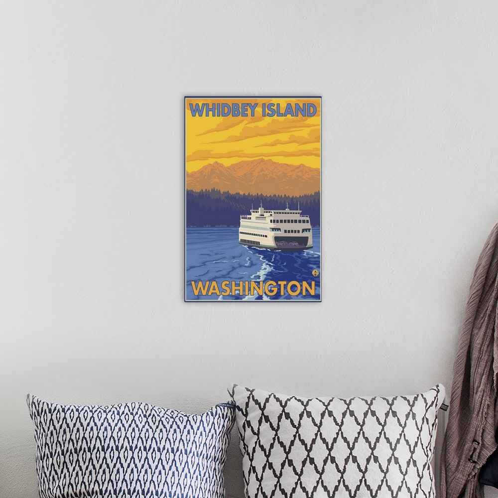 A bohemian room featuring Ferry and Mountains - Whidbey Island, Washington: Retro Travel Poster