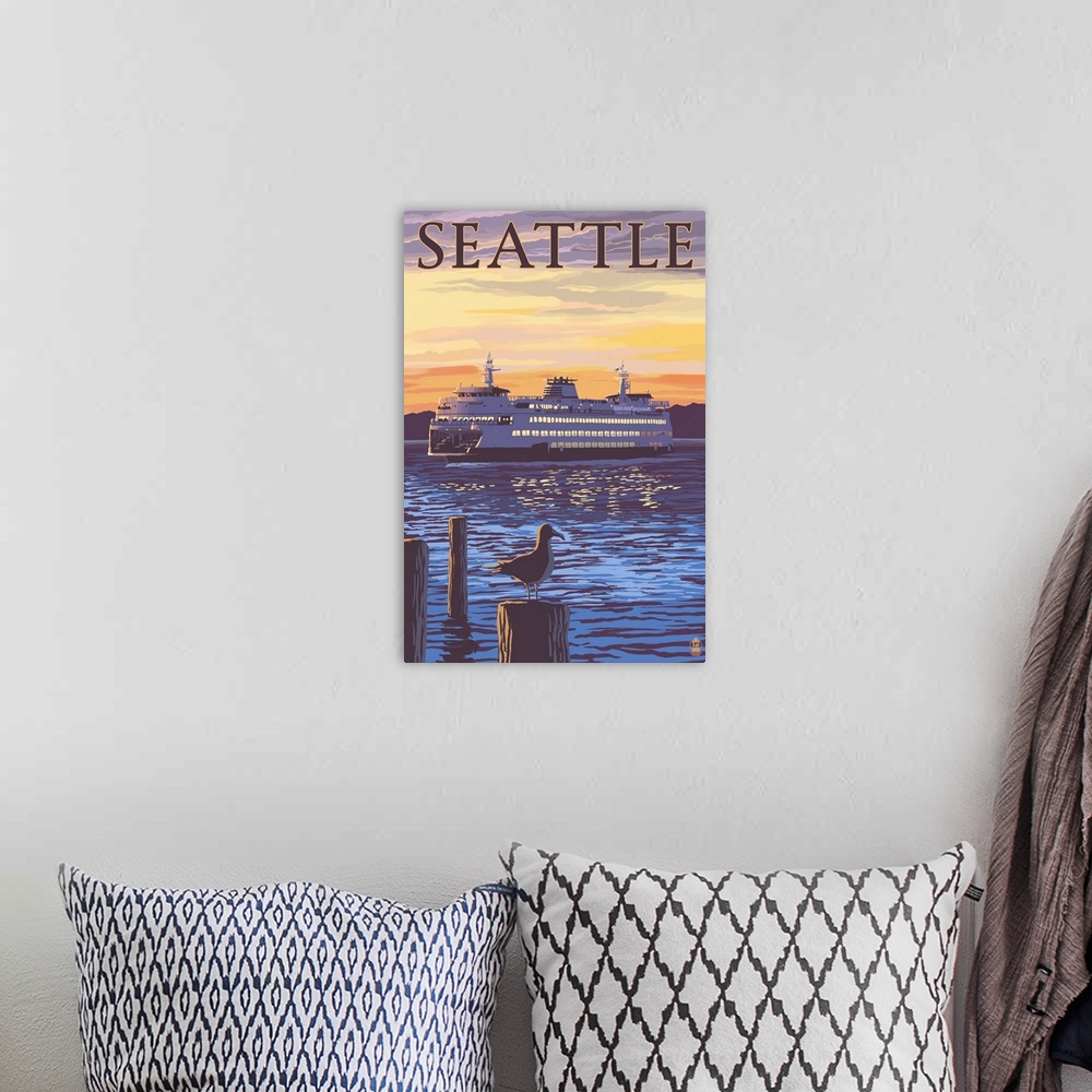 A bohemian room featuring Ferry Sunset and Gull - Seattle, WA: Retro Travel Poster