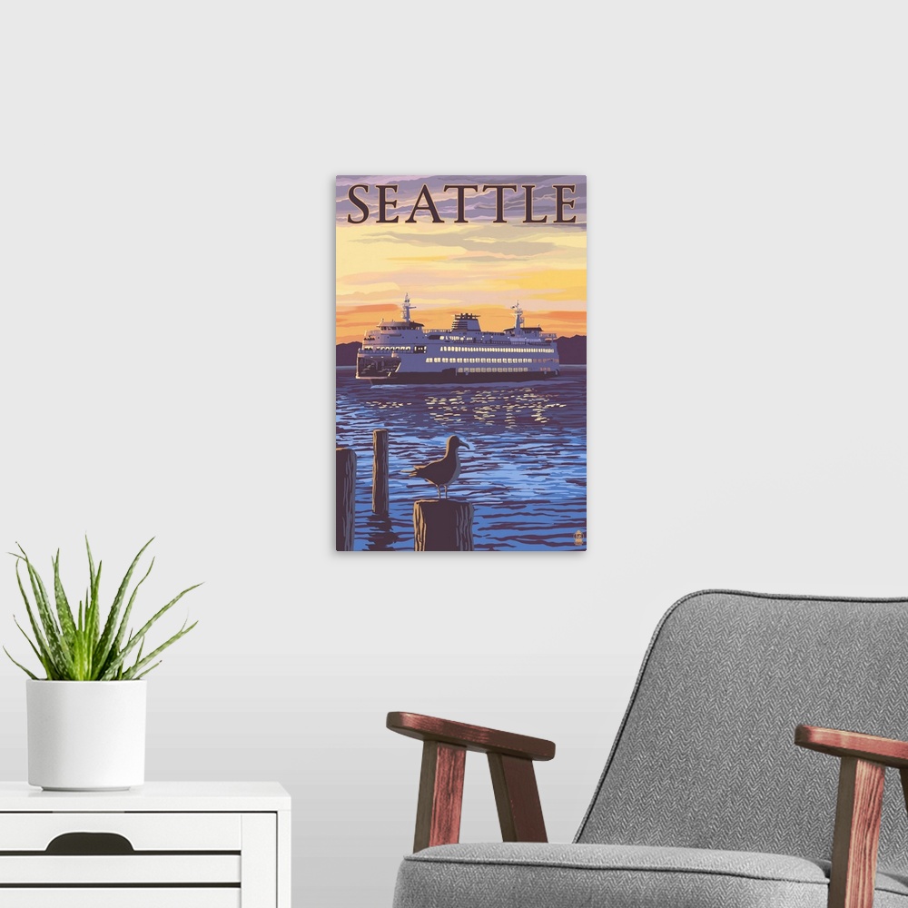 A modern room featuring Ferry Sunset and Gull - Seattle, WA: Retro Travel Poster