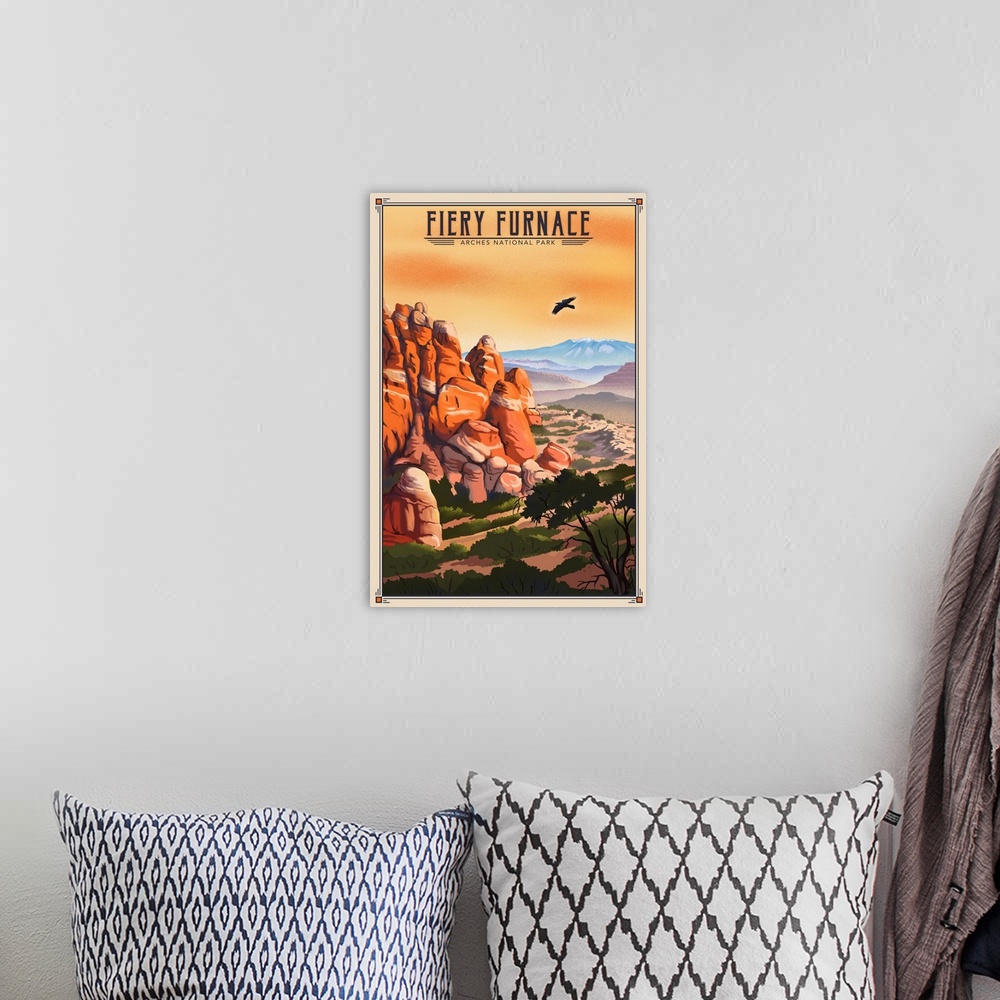 A bohemian room featuring Fiery Furnace National Park, Natural Landscape: Retro Travel Poster