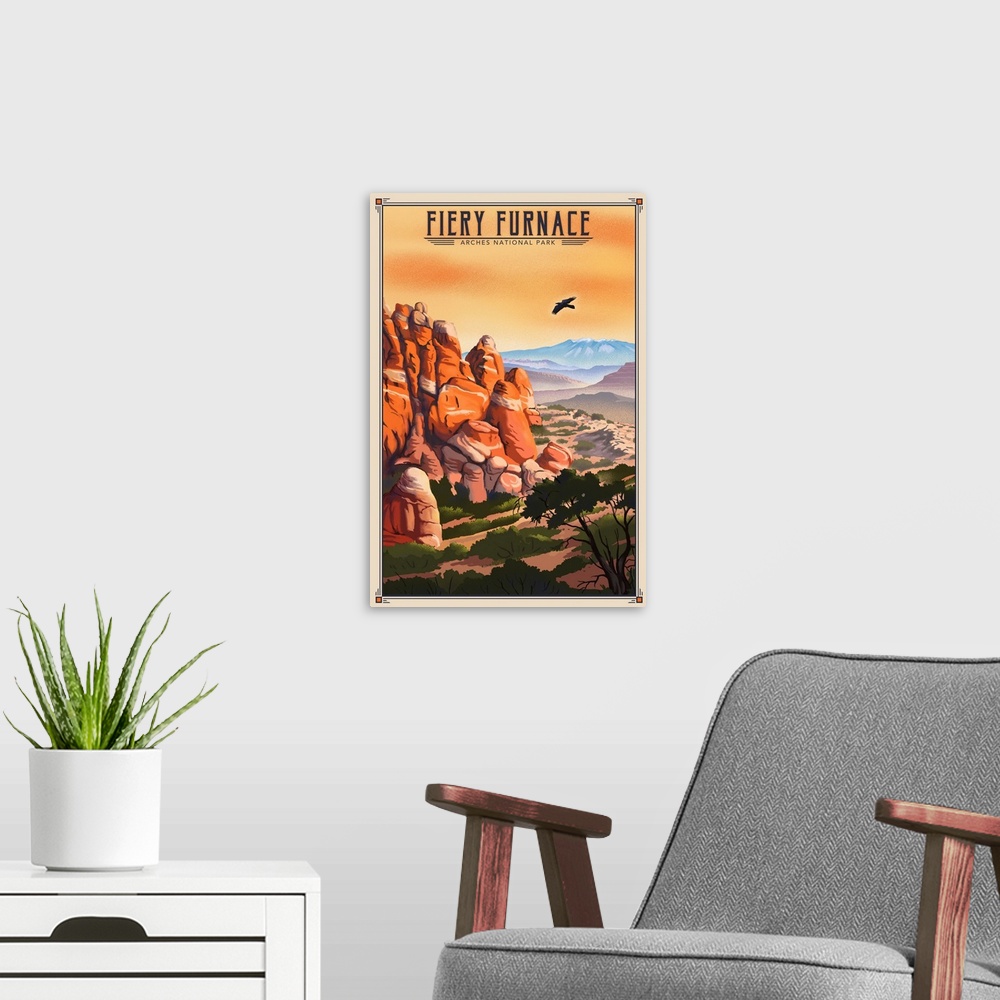 A modern room featuring Fiery Furnace National Park, Natural Landscape: Retro Travel Poster