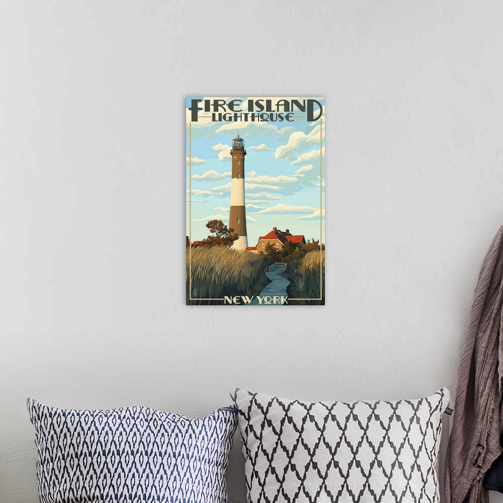 A bohemian room featuring Fire Island Lighthouses - Captree Island, New York: Retro Travel Poster