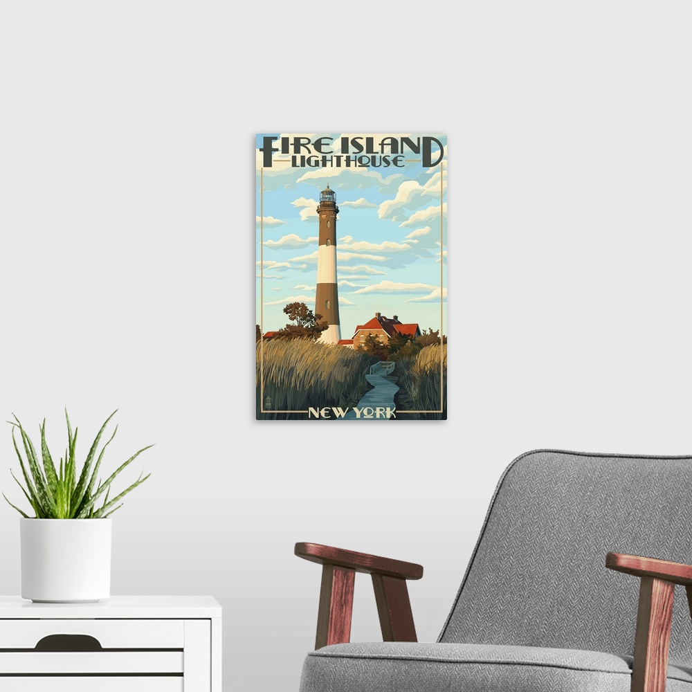 A modern room featuring Fire Island Lighthouses - Captree Island, New York: Retro Travel Poster