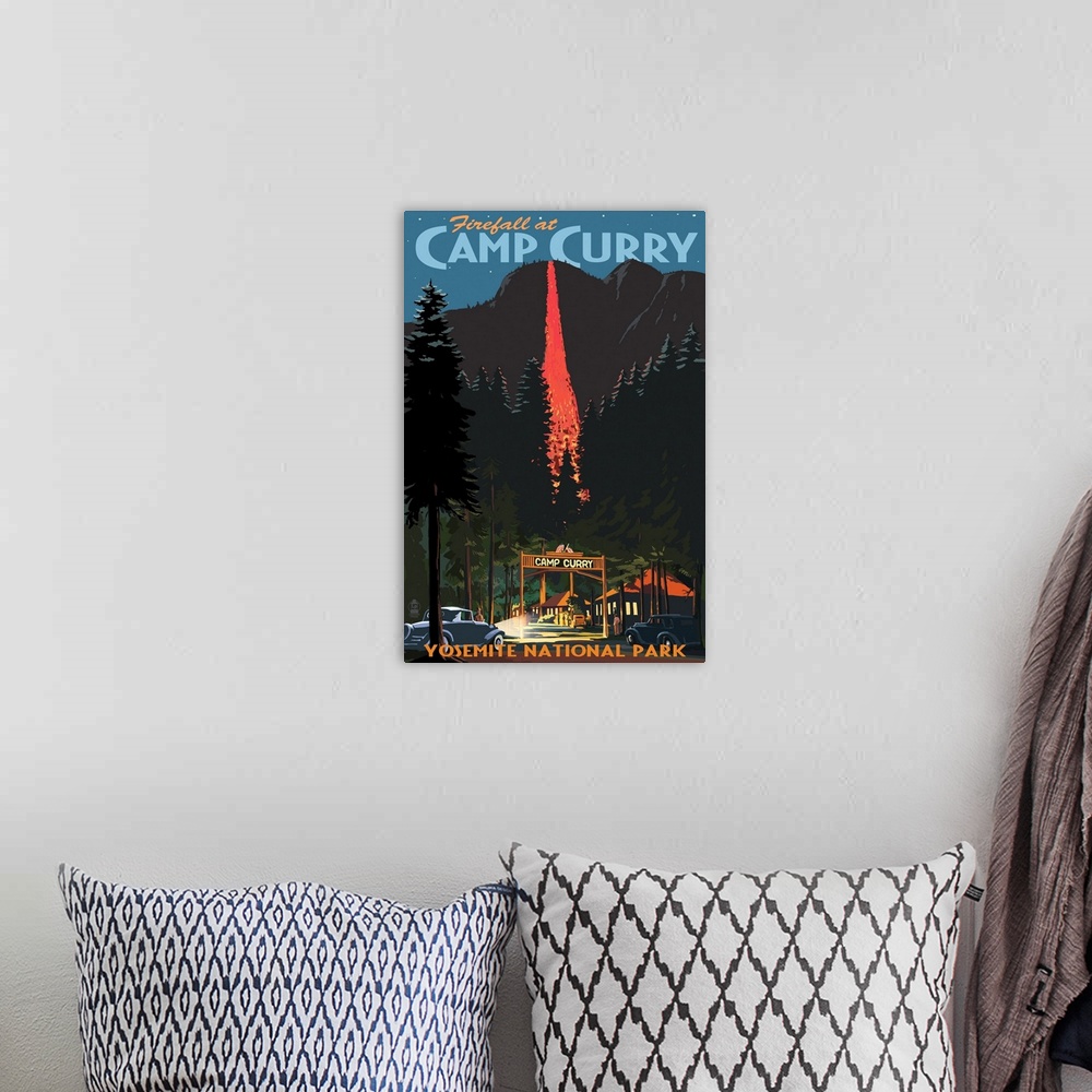 A bohemian room featuring Firefall and Camp Curry - Yosemite National Park, California: Retro Travel Poster