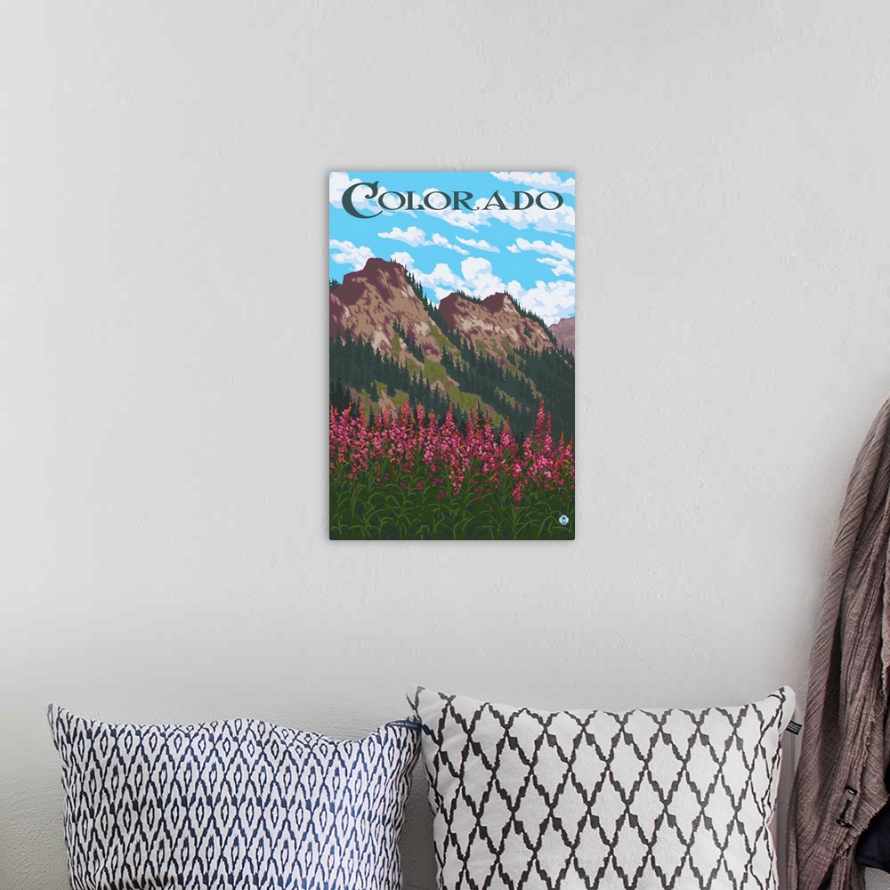 A bohemian room featuring A stylized art poster of a wilderness landscape of wildflowers and mountain peaks covered with pi...