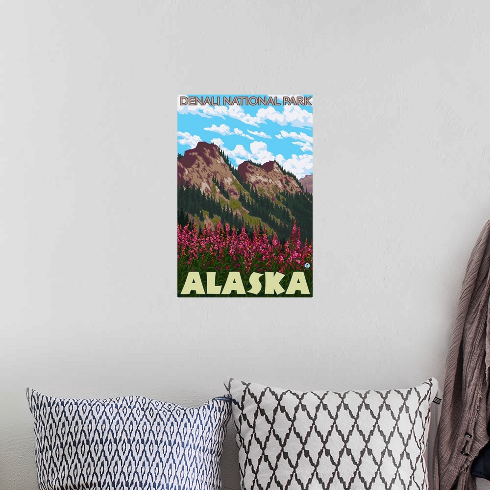 A bohemian room featuring Fireweed and Mountains - Denali National Park, Alaska: Retro Travel Poster