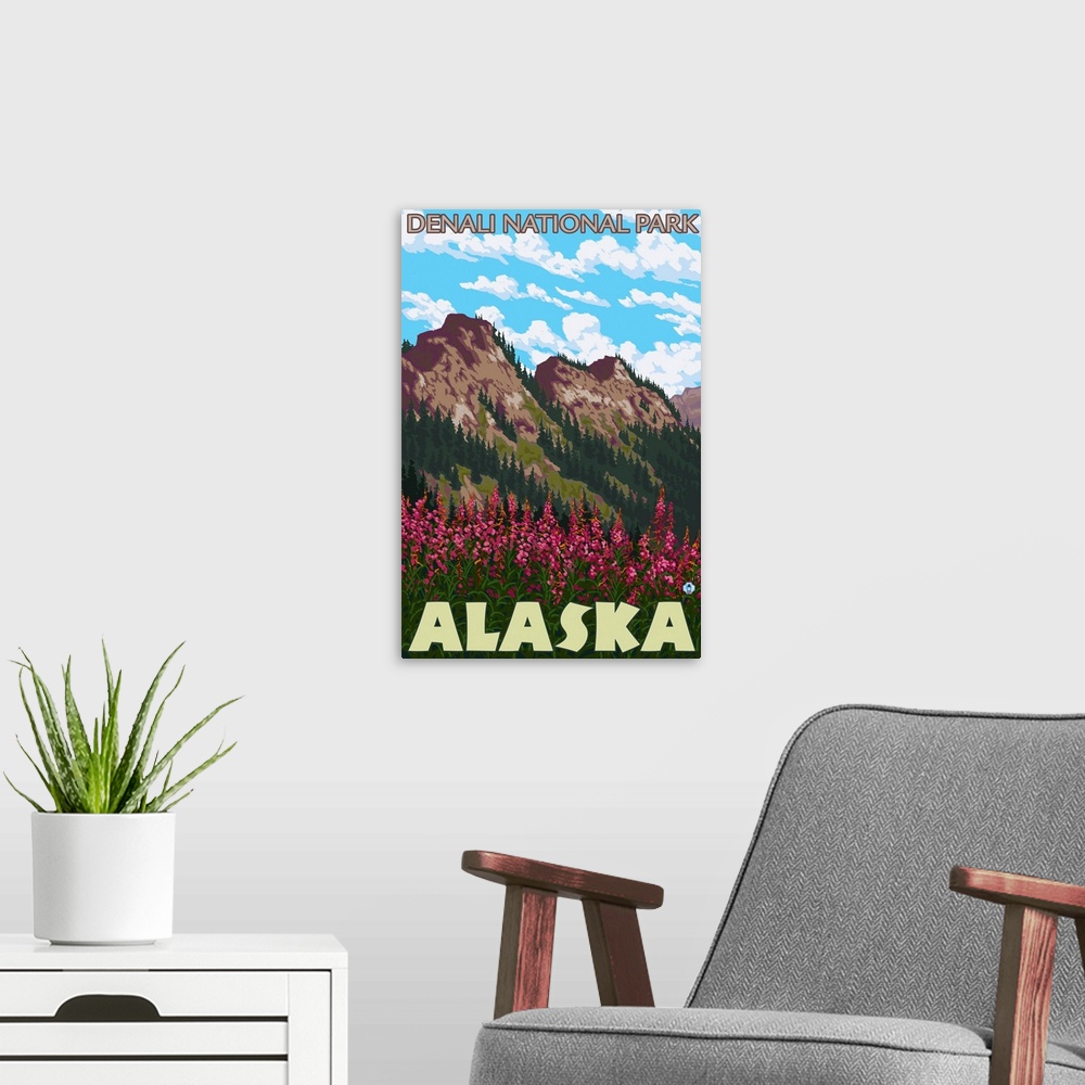A modern room featuring Fireweed and Mountains - Denali National Park, Alaska: Retro Travel Poster