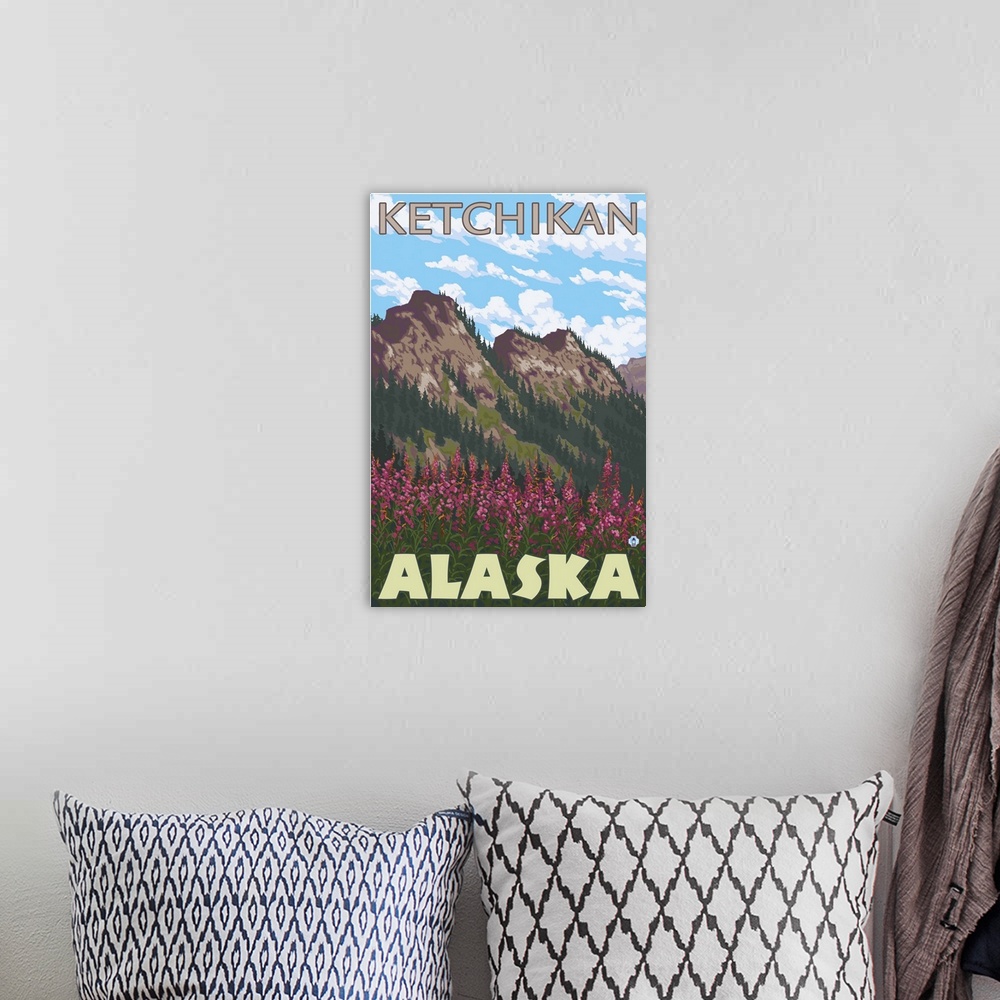 A bohemian room featuring Fireweed and Mountains - Ketchikan, Alaska: Retro Travel Poster