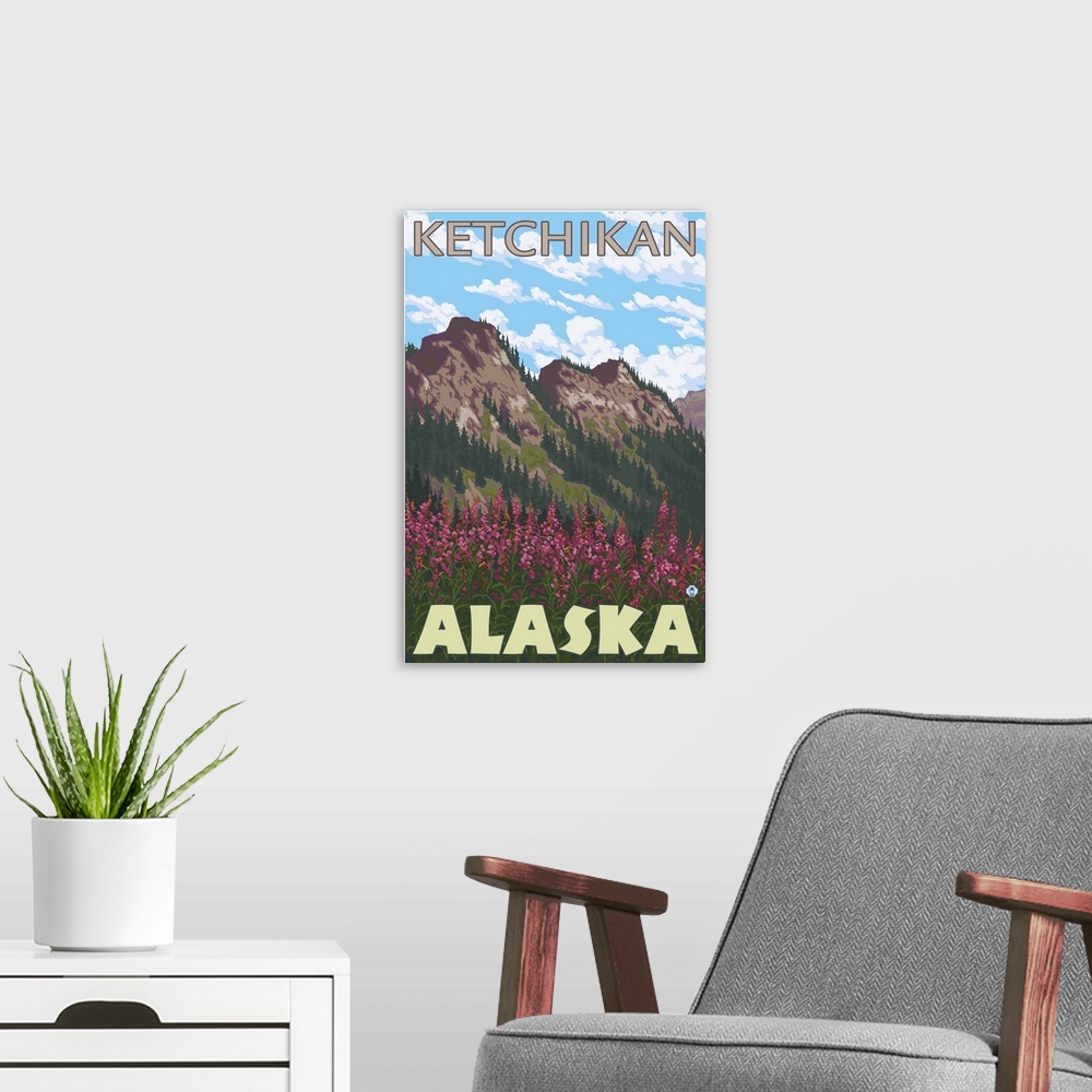 A modern room featuring Fireweed and Mountains - Ketchikan, Alaska: Retro Travel Poster