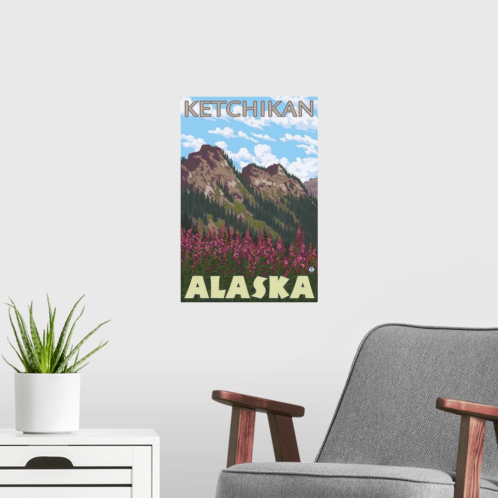 A modern room featuring Fireweed and Mountains - Ketchikan, Alaska: Retro Travel Poster