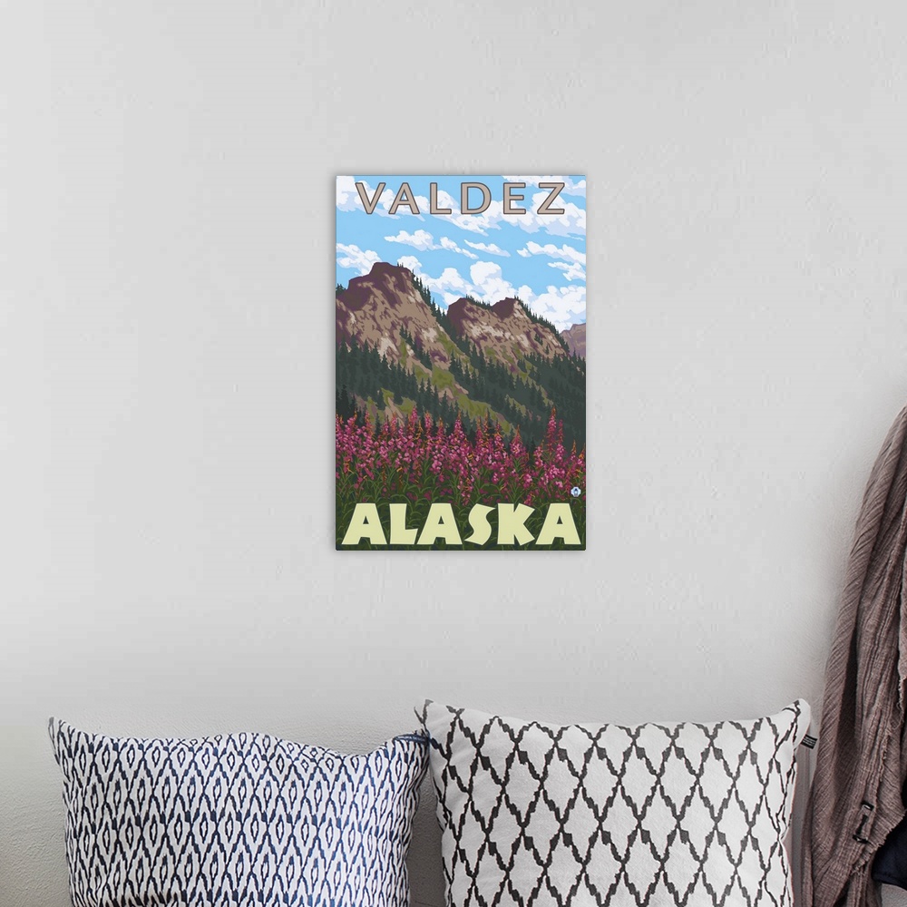 A bohemian room featuring Fireweed and Mountains - Valdez, Alaska: Retro Travel Poster