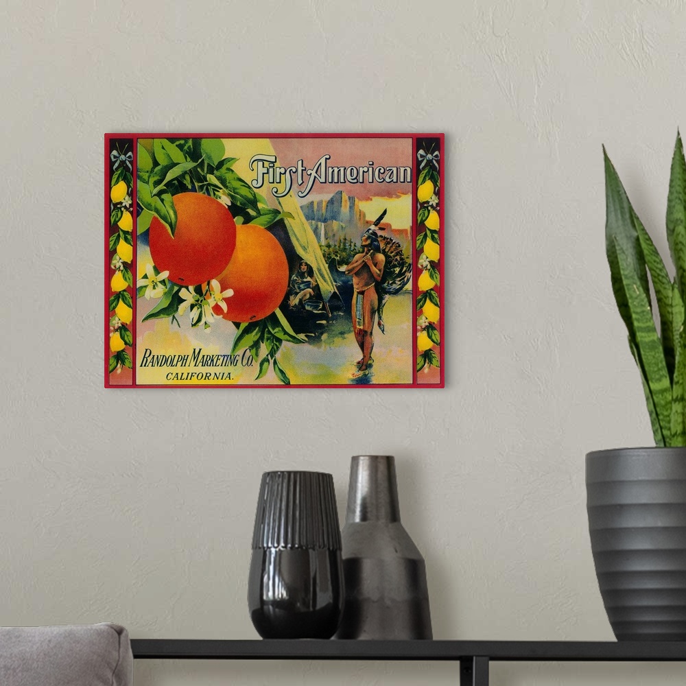 A modern room featuring First American Citrus Label, California State