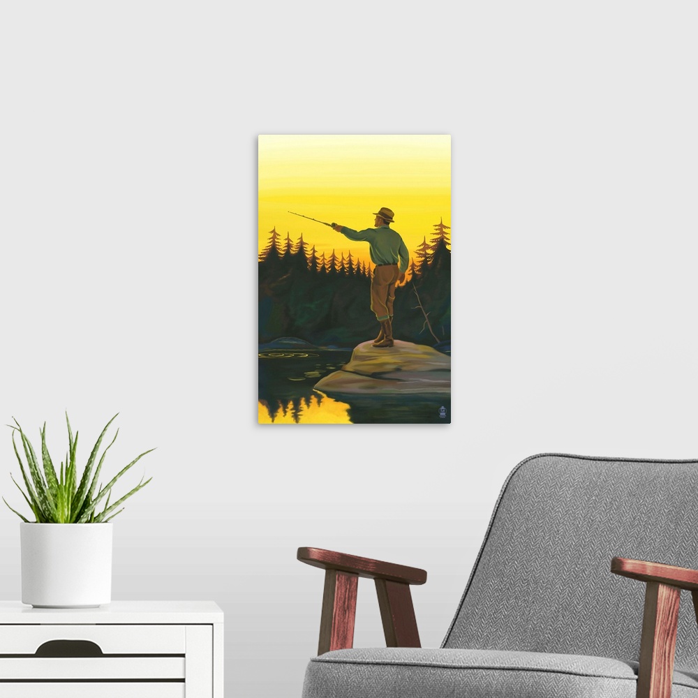 A modern room featuring Retro stylized art poster of a fisherman casting his line.