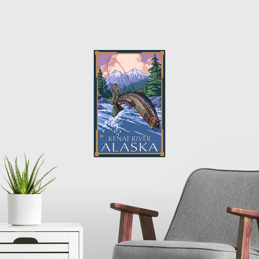 A modern room featuring Fisherman - Kenai River, Alaska: Retro Travel Poster