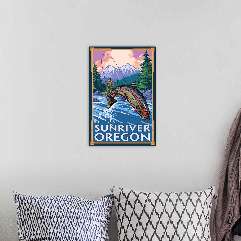 A bohemian room featuring Fisherman - Sunriver, Oregon: Retro Travel Poster