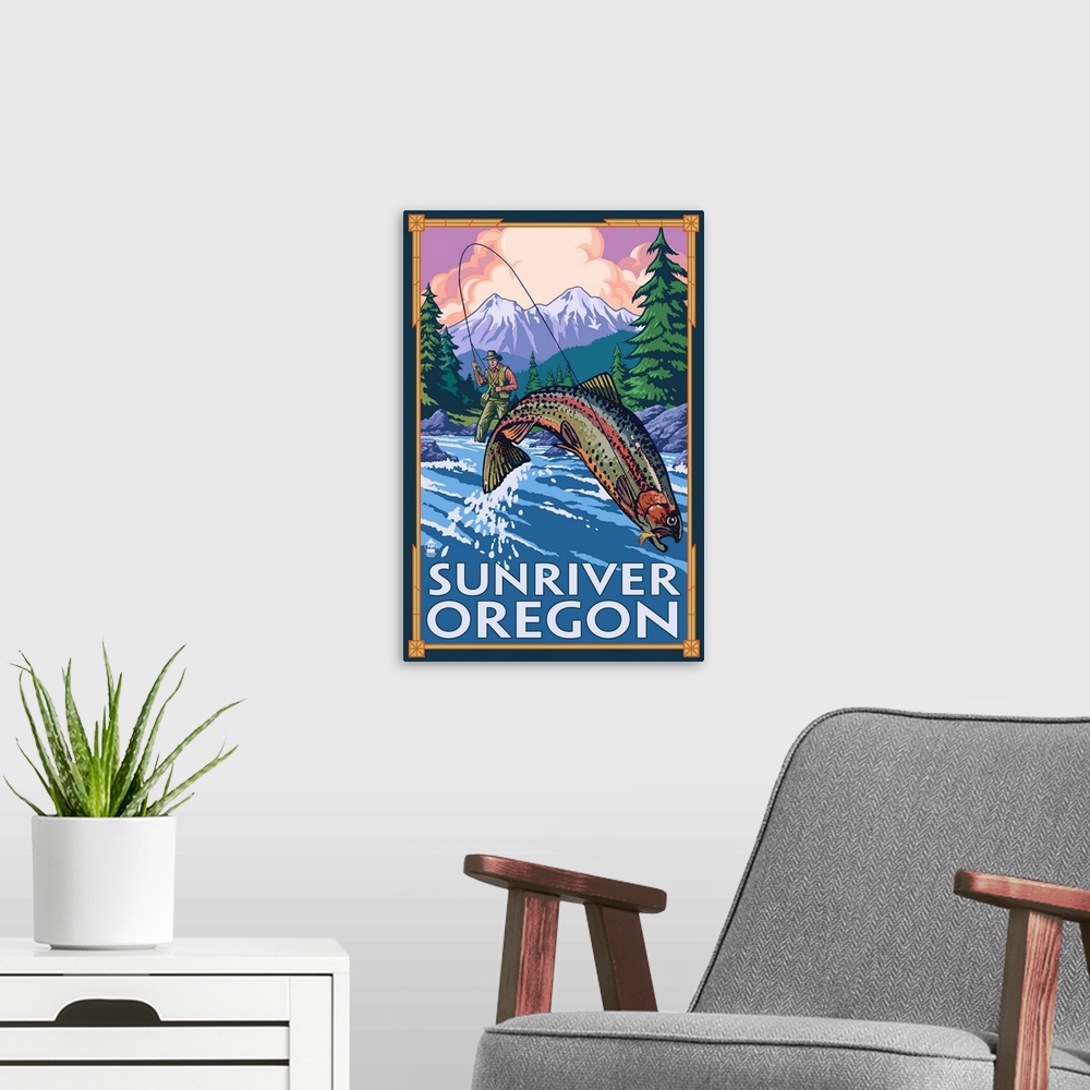 A modern room featuring Fisherman - Sunriver, Oregon: Retro Travel Poster